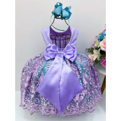 Vestido Infantil Ariel Princesa Cinto Pérolas Com Renda Fosca