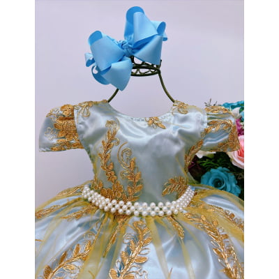 Vestido Infantil Azul Bebê C/ Renda Dourada Realeza Damas