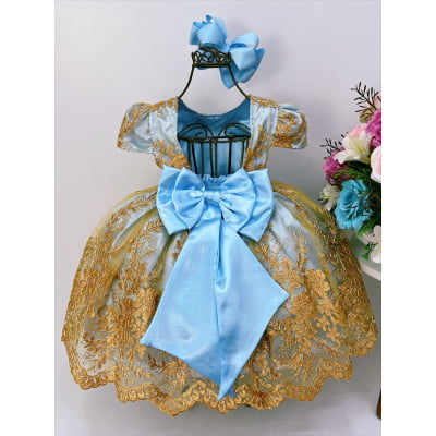 Vestido Infantil Azul Bebê C/ Renda Dourada Realeza Damas