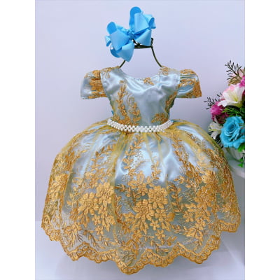 Vestido Infantil Azul Bebê C/ Renda Dourada Realeza Damas Vestido Infantil Azul Bebê C/ Renda Dourada Realeza Damas
