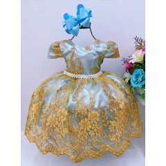 Vestido Infantil Azul Bebê Renda Dourada Realeza Damas