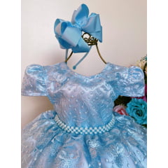 Vestido Infantil Azul Bebê Rendado Luxo Realeza Pérolas