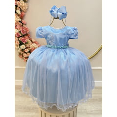 Vestido Infantil Azul Bebê Tule C/ Renda Casamento Luxo