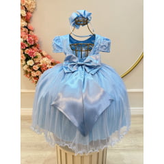 Vestido Infantil Azul Bebê Tule C/ Renda Casamento Luxo