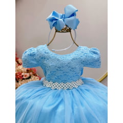 Vestido Infantil Azul Bebê Tule C/ Renda Luxo Casamento