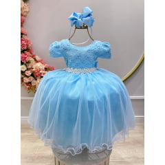 Vestido Infantil Azul Bebê Tule C/ Renda Luxo Casamento