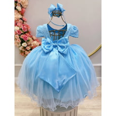 Vestido Infantil Azul Bebê Tule C/ Renda Luxo Casamento