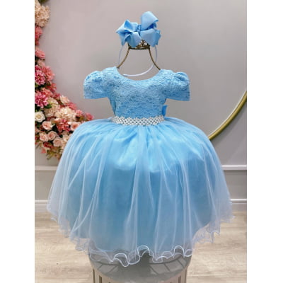Vestido Infantil Azul Bebê Tule C/ Renda Luxo Casamento