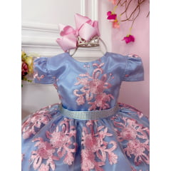 Vestido Infantil Azul Bordado e Renda Realeza Rosa C/ Strass