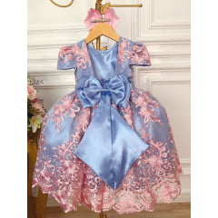 Vestido Infantil Azul Bordado e Renda Realeza Rosa C/ Strass
