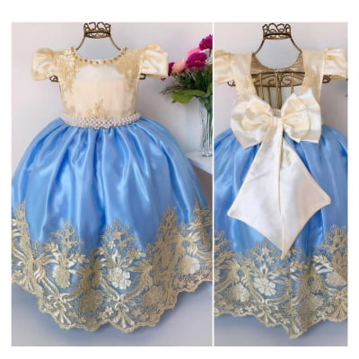 Vestido Infantil Azul Claro e Marfim Rendado Longos Damas