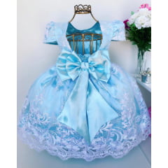 Vestido Infantil Azul Claro Renda Branca Realeza Princesa