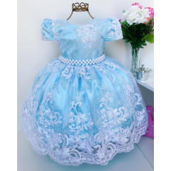 Vestido Infantil Azul Claro Renda Branca Realeza Princesa