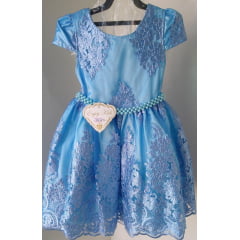 Vestido Infantil Azul Claro Renda Realeza Renda Princesas