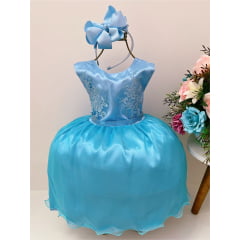 Vestido Infantil Azul Com Renda Busto Cinto Strass Luxo