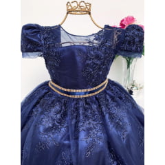 Vestido Infantil Azul Marinho Escuro Realeza Cinto Strass