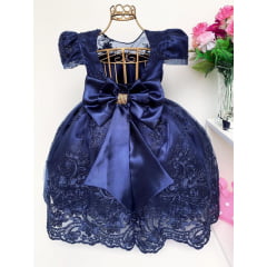 Vestido Infantil Azul Marinho Escuro Realeza Cinto Strass
