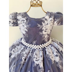 Vestido Infantil Azul Marinho Renda Branca Realeza Pérolas