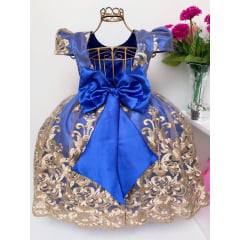 Vestido Infantil Azul Marinho Renda Dourada Realeza Luxo