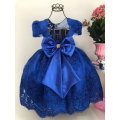 Vestido Infantil Azul Marinho Renda Realeza Cinto Strass