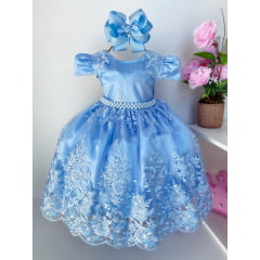 Vestido Infantil Azul Realeza Rendado Luxo Princesas