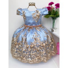 Vestido Infantil Azul Renda Dourada Realeza Luxo Princesa