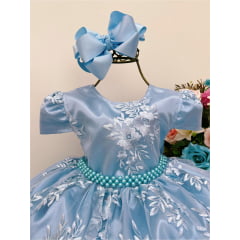 Vestido Infantil Azul Renda Realeza Cinto e Pérola