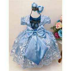 Vestido Infantil Azul Renda Realeza Cinto e Pérola