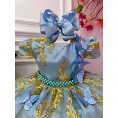 Vestido Infantil Azul Renda Realeza e Aplique de Borboletas