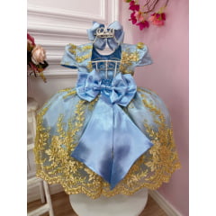 Vestido Infantil Azul Renda Realeza e Aplique de Borboletas