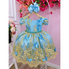 Vestido Infantil Azul Renda Realeza e Aplique de Borboletas