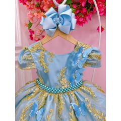 Vestido Infantil Azul Renda Realeza e Aplique de Borboletas