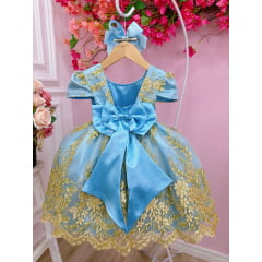 Vestido Infantil Azul Renda Realeza e Aplique de Borboletas