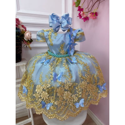 Vestido Infantil Azul Renda Realeza e Aplique de Borboletas