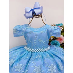 Vestido Infantil Azul Renda Realeza Renda Princesas