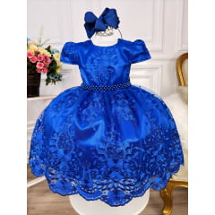 Vestido Infantil Azul Royal C/ Renda Realeza e Pérolas