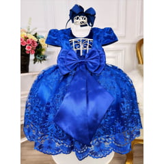Vestido Infantil Azul Royal C/ Renda Realeza e Pérolas