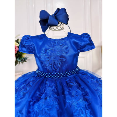 Vestido Infantil Azul Royal C/ Renda Realeza e Pérolas Luxo