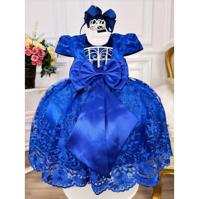 Vestido Infantil Azul Royal C/ Renda Realeza e Pérolas Luxo