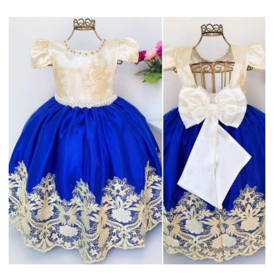 Vestido Infantil Azul Royal e Marfim Damas Luxo Festas