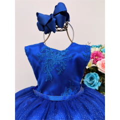 Vestido Infantil Azul Royal Renda Cinto Strass Brilho