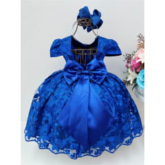 Vestido Infantil Azul Royal Renda de Realeza Luxo Festas