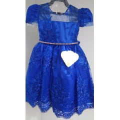 Vestido Infantil Azul Royal Renda Realeza Cinto Strass