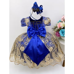 Vestido Infantil Azul Royal Renda Realeza Dourada Princesa