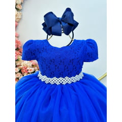 Vestido Infantil Azul Royal Tule C/ Renda Casamento Luxo