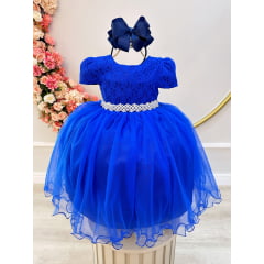 Vestido Infantil Azul Royal Tule C/ Renda Casamento Luxo
