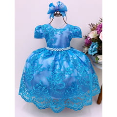 Vestido Infantil Azul Tiffany Rendado Luxo Cinto Pérolas