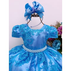 Vestido Infantil Azul Tiffany Rendado Luxo Cinto Pérolas