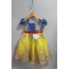Vestido Infantil Branca de Neve Com Renda Dourada Festas