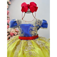 Vestido Infantil Branca de Neve Com Renda Dourada Festas